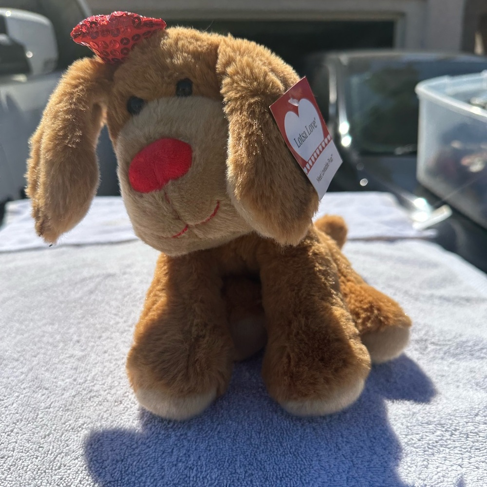Plush Brown Dog Toy with Red Nose and Heart Accent - Pets Dog Toys